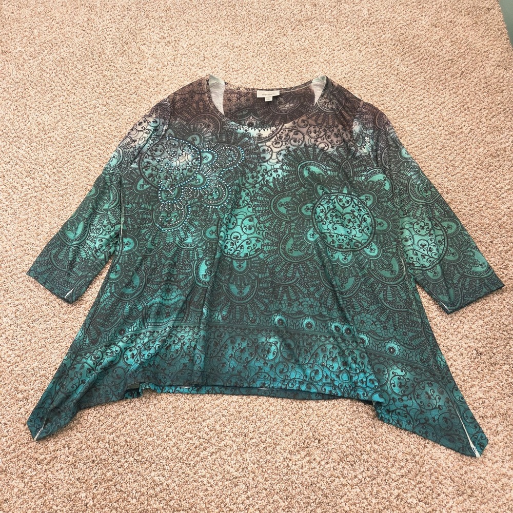Dressbarn Teal Baroque Print Rhinestone 3/4 Sleeve Tunic Top Womens 1X